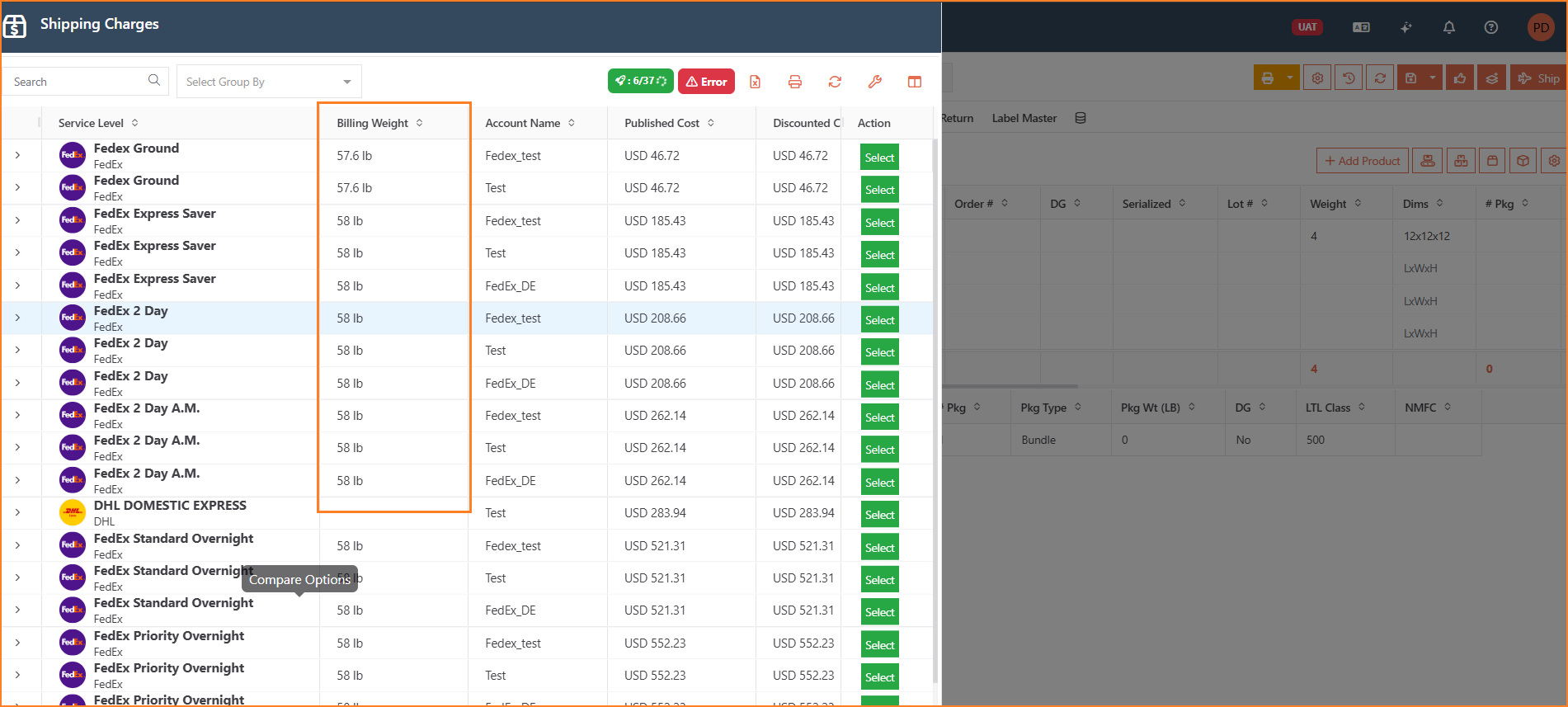 Rate Shop results listing billing weight per carrier service level